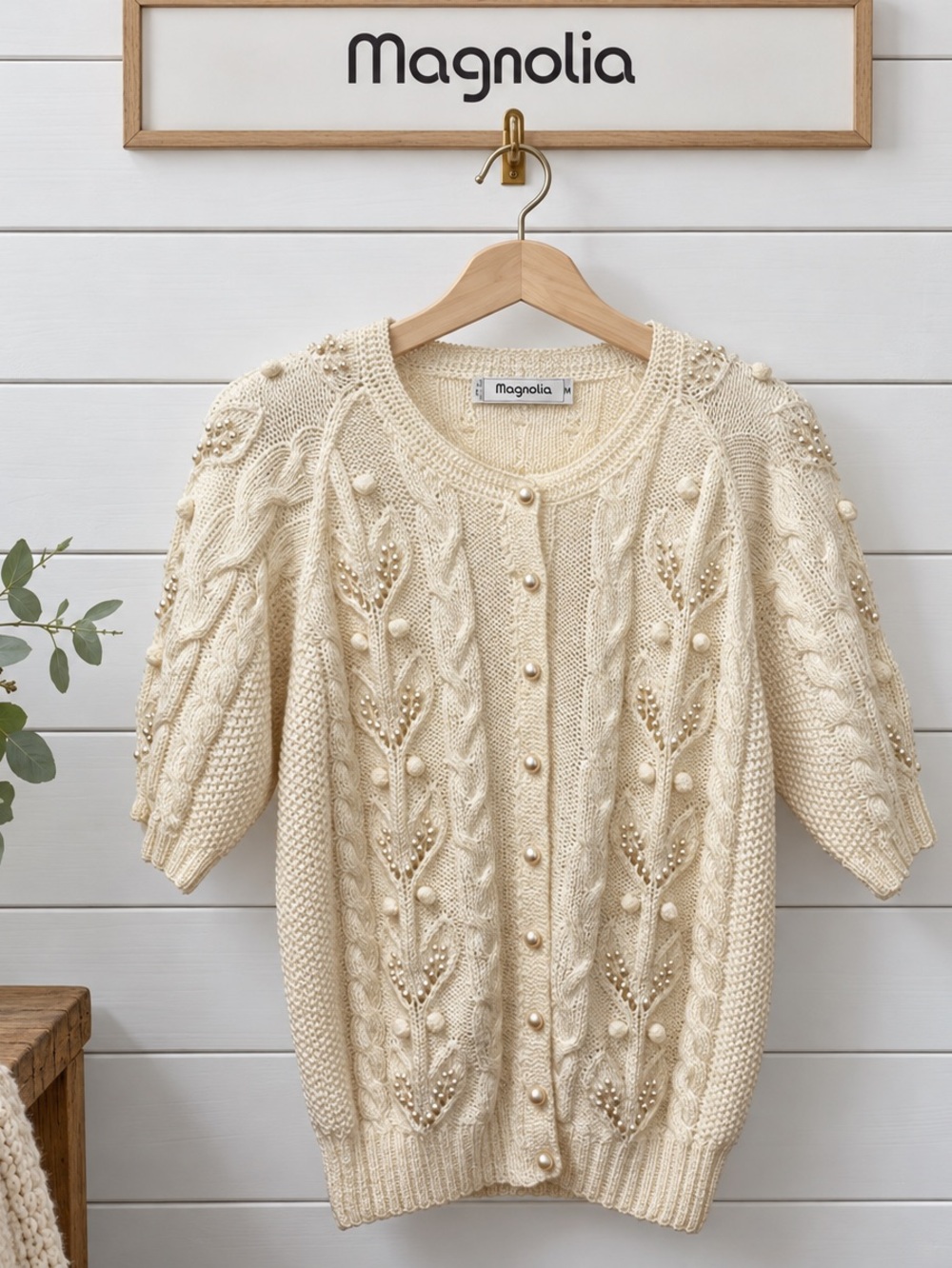 Magnolia Vintage Cream Pearl Embellished Knit Cardigan – Size M